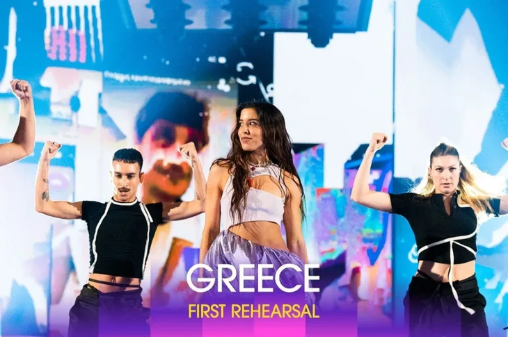 Photo-shared-by-Eurovision-Song-Contest-on-April-29-2024-tagging-@marina_satti.-May-be-an-image-of-3-people-people-dancing-poster-and-text-that-says-'3-GREECE-FIRST-REHEARSAL'.